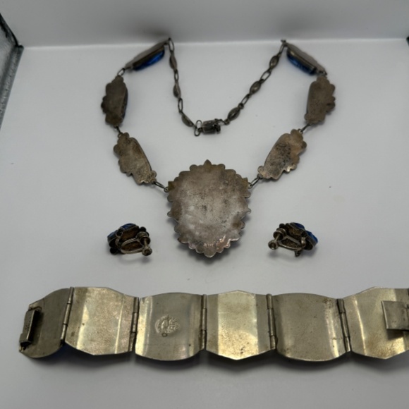 RARE (Entire Full Set) 1960s Taxco Sterling Silver and Blue Glass Jewelry Marked - Picture 3 of 15